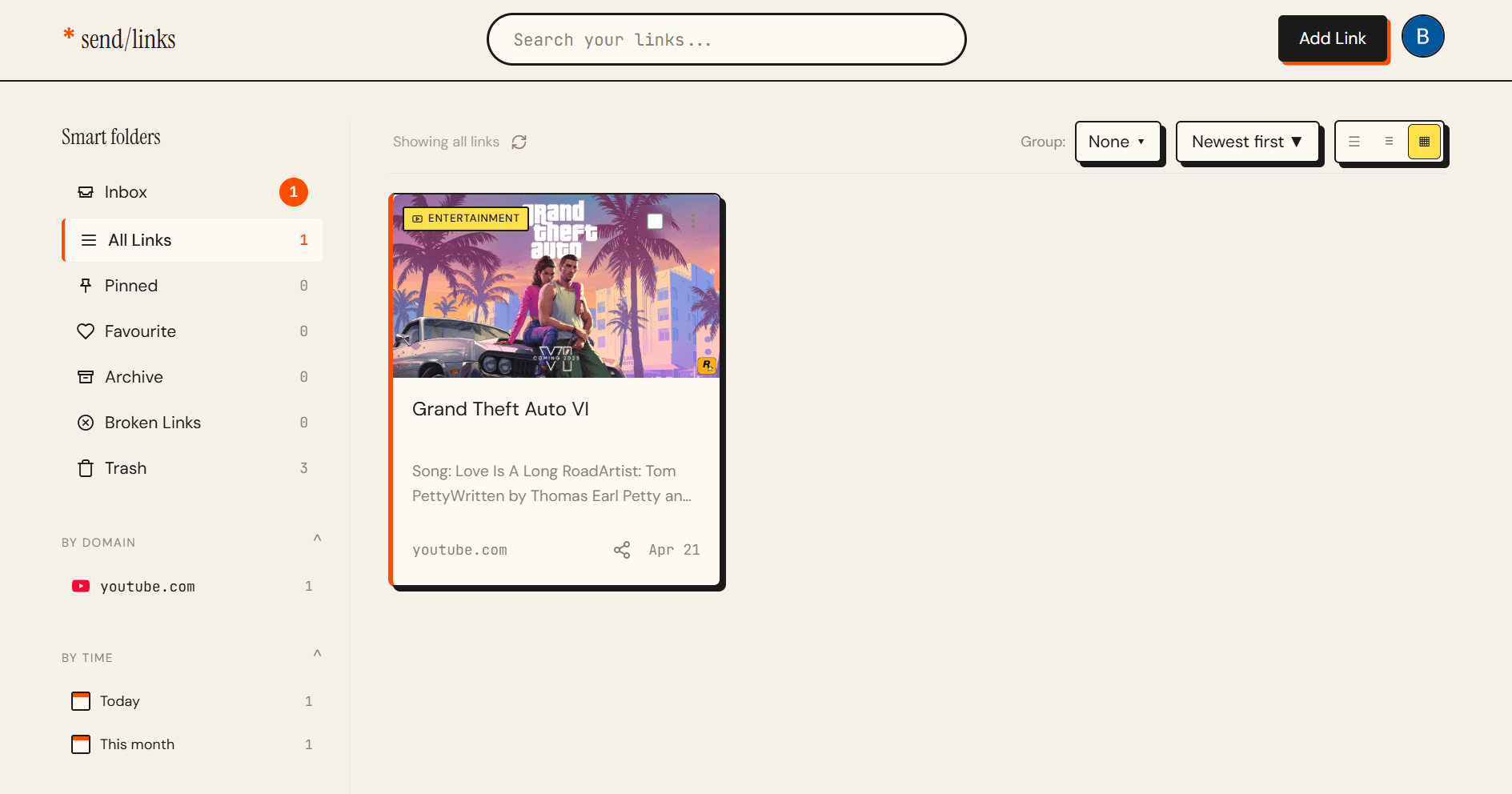 Saved links organized and searchable in send/links