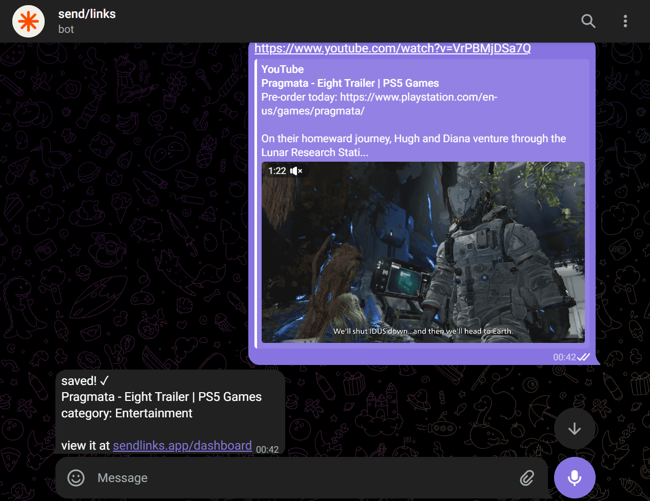 The send/links Telegram bot saving a link and auto-categorizing it